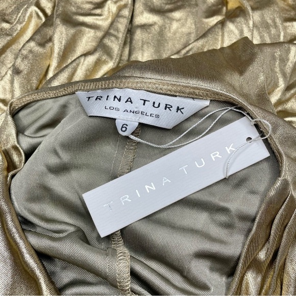 Trina Turk Liquid Gold Carrington Metallic Sequin Beaded V-Neck Dress 6 NWT - Picture 9 of 13